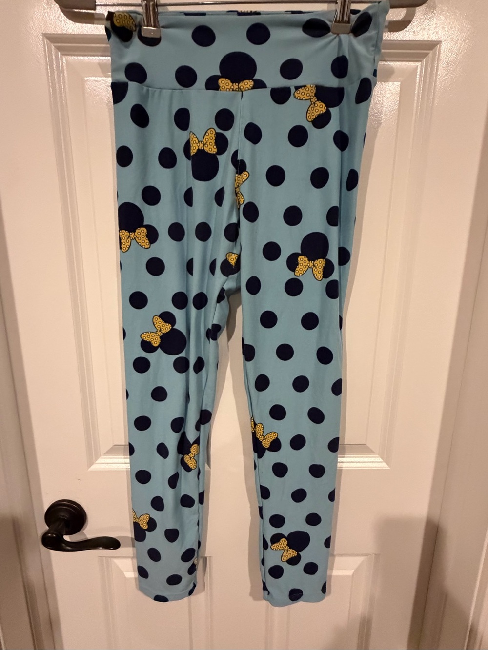 LuLaRoe Disney Minnie Blue Leggings with Navy Polka Dots and Yellow Bows